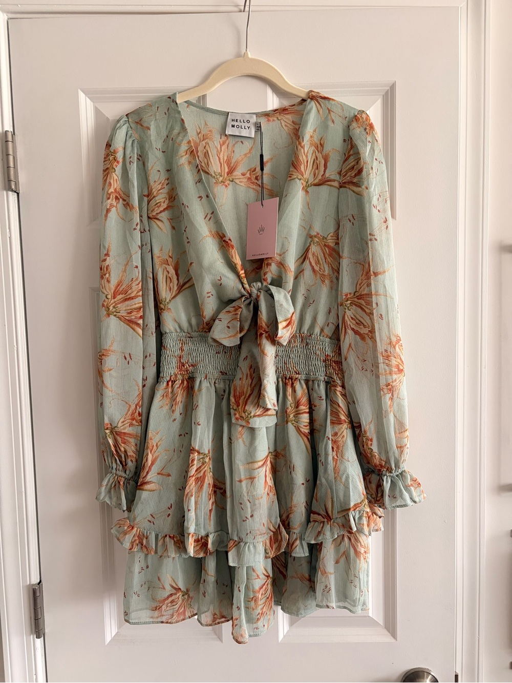 Hello Molly sage Green Floral Tie-Front Mini Dress